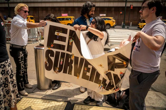 Rally against biometric surveillance Organized by Fight for the Future and other groups, advocates rally outside of Madison Square Garden in New York on Friday, August 14, 2026 to call for the termination of biometric surveillance in places of public accommodation such as Madison Square Garden. The Ban The Scan, Int. 213, introduced by Council Member Shahana Hanif will ban the use of biometric surveillance. (  RichardxB.xLevine