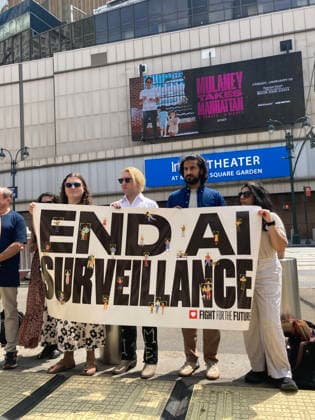 Rally against biometric surveillance Organized by Fight for the Future and other groups, advocates rally outside of Madison Square Garden in New York on Friday, August 14, 2026 to call for the termination of biometric surveillance in places of public accommodation such as Madison Square Garden. The Ban The Scan, Int. 213, introduced by Council Member Shahana Hanif will ban the use of biometric surveillance. (  FrancesxM.xRoberts
