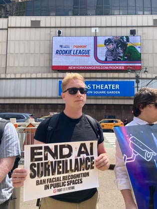 Rally against biometric surveillance Organized by Fight for the Future and other groups, advocates rally outside of Madison Square Garden in New York on Friday, August 14, 2026 to call for the termination of biometric surveillance in places of public accommodation such as Madison Square Garden. The Ban The Scan, Int. 213, introduced by Council Member Shahana Hanif will ban the use of biometric surveillance. (  FrancesxM.xRoberts