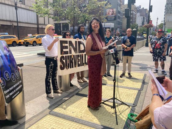 Rally against biometric surveillance NYC Council Member Shana Hanif, at podium, joins Fight for the Future and other advocates at a rally outside of Madison Square Garden in New York on Friday, August 14, 2026 to call for the termination of biometric surveillance in places of public accommodation such as Madison Square Garden. The Ban The Scan, Int. 213, introduced by Hanif will ban the use of biometric surveillance. (  FrancesxM.xRoberts