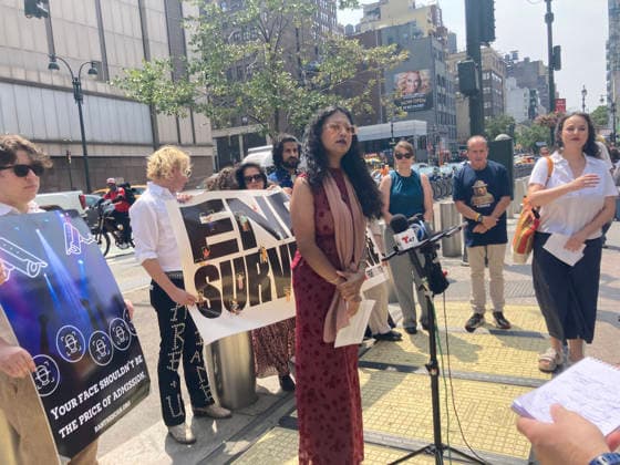 Rally against biometric surveillance NYC Council Member Shana Hanif, at podium, joins Fight for the Future and other advocates at a rally outside of Madison Square Garden in New York on Friday, August 14, 2026 to call for the termination of biometric surveillance in places of public accommodation such as Madison Square Garden. The Ban The Scan, Int. 213, introduced by Hanif will ban the use of biometric surveillance. (  FrancesxM.xRoberts