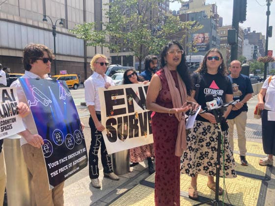 Rally against biometric surveillance NYC Council Member Shana Hanif, at podium, joins Fight for the Future and other advocates at a rally outside of Madison Square Garden in New York on Friday, August 14, 2026 to call for the termination of biometric surveillance in places of public accommodation such as Madison Square Garden. The Ban The Scan, Int. 213, introduced by Hanif will ban the use of biometric surveillance. (  FrancesxM.xRoberts