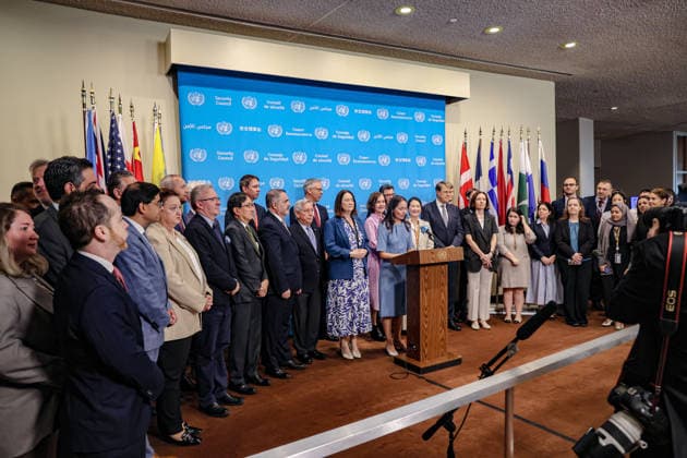August 14, 2026, New York, New York, United States: Ambassador CHRISTINA MARKUS LASSEN, Permanent Representative of Denmark to the United Nations, speaks on behalf of 56 countries during a joint media stakeout at United Nations Headquarters marking five years since the Taliban returned to power in Afghanistan and addressing the situation of Afghan women and girls. The statement comes ahead of the fifth anniversary of the Taliban takeover on August 15, 2021, amid continued restrictions on womenÃ¢â‚¬â ¢s and girlsÃ¢â‚¬â ¢ education, employment and participation in public life. New York United States  - ZUMAo116 20260814_znp_o116_002 Copyright: xBiancaxOterox