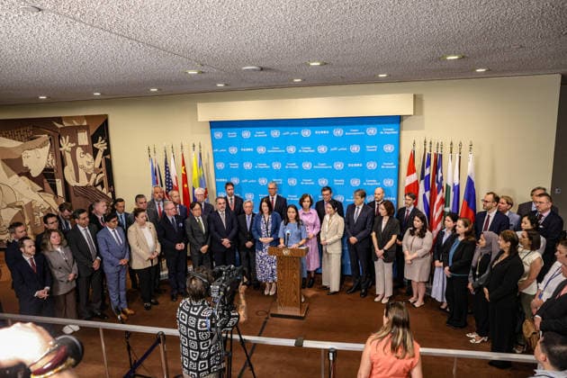 August 14, 2026, New York, New York, United States: Ambassador CHRISTINA MARKUS LASSEN, Permanent Representative of Denmark to the United Nations, speaks on behalf of 56 countries during a joint media stakeout at United Nations Headquarters marking five years since the Taliban returned to power in Afghanistan and addressing the situation of Afghan women and girls. The statement comes ahead of the fifth anniversary of the Taliban takeover on August 15, 2021, amid continued restrictions on womenÃ¢â‚¬â ¢s and girlsÃ¢â‚¬â ¢ education, employment and participation in public life. New York United States  - ZUMAo116 20260814_znp_o116_001 Copyright: xBiancaxOterox
