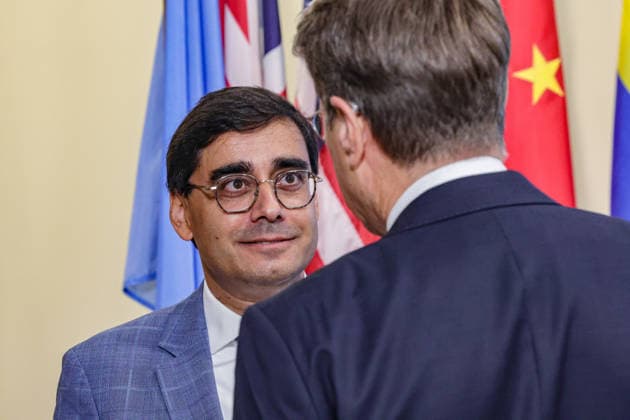 August 14, 2026, New York, New York, United States: JAY DHARMADHIKARI Deputy Permanent Representative of France to the United Nations speaks with another delegate during a press briefing on Afghanistan Five Years On at UNHQ. New York United States  - ZUMAo116 20260814_znp_o116_014 Copyright: xBiancaxOterox