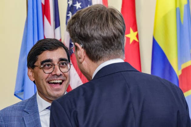 August 14, 2026, New York, New York, United States: JAY DHARMADHIKARI Deputy Permanent Representative of France to the United Nations speaks with another delegate during a press briefing on Afghanistan Five Years On at UNHQ. New York United States  - ZUMAo116 20260814_znp_o116_013 Copyright: xBiancaxOterox
