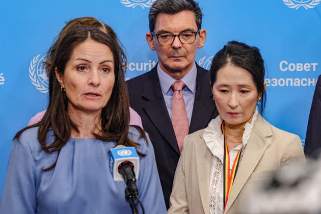August 14, 2026, New York, New York, United States: Ambassador CHRISTINA MARKUS LASSEN, Permanent Representative of Denmark and Security Council August President speaks as SOPHIE DE SMEDT Permanent Representative of Belgium to the United Nations stands nexts to her with other delegates during a press briefing on Afghanistan Five Years On at UNHQ. New York United States  - ZUMAo116 20260814_znp_o116_019 Copyright: xBiancaxOterox