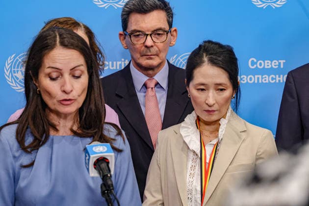 August 14, 2026, New York, New York, United States: Ambassador CHRISTINA MARKUS LASSEN, Permanent Representative of Denmark and Security Council August President speaks as SOPHIE DE SMEDT Permanent Representative of Belgium to the United Nations stands nexts to her with other delegates during a press briefing on Afghanistan Five Years On at UNHQ. New York United States  - ZUMAo116 20260814_znp_o116_018 Copyright: xBiancaxOterox