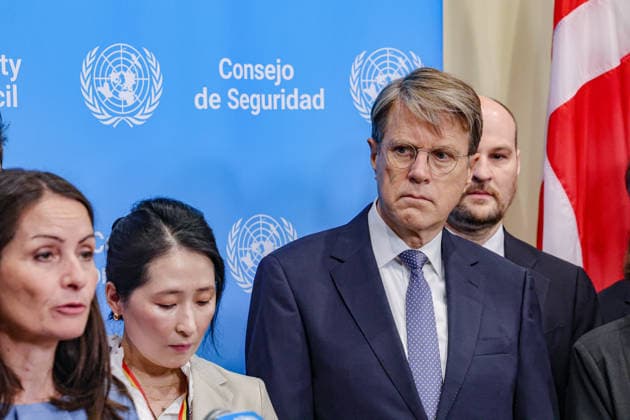 August 14, 2026, New York, New York, United States: SAMUEL ZBOGAR Permanent Representative of Slovenia to the United Nations stands with other delegates and looks towards CHRISTINA MARKUS LASSEN, Permanent Representative of Denmark as she briefs the press at UNHQ. New York United States  - ZUMAo116 20260814_znp_o116_020 Copyright: xBiancaxOterox