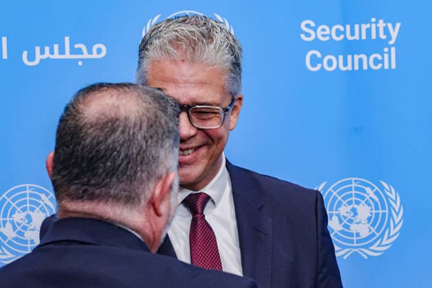 August 14, 2026, New York, New York, United States: RICKLEF BEUTIN Permanent Representative of Germany to the United Nations speaks with another delegate during a press briefing on Afghanistan Five Years On at UNHQ. New York United States - ZUMAo116 20260814_znp_o116_021 Copyright: xBiancaxOterox