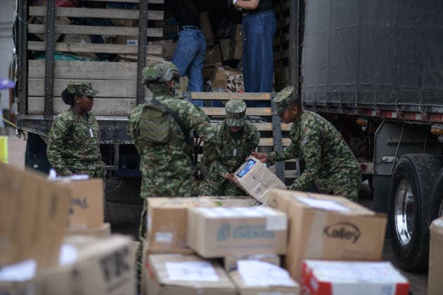 August 14, 2026, Pasto, Narino, Colombia: Humanitarian aid is loaded onto trucks in Pasto, Narino, Colombia, on August 14, 2026, as approximately 100 metric tons of supplies are dispatched from the city to different parts of the country for communities affected by the 7.4 earthquake that struck Colombia on August 10, 2026. Pasto Colombia - ZUMAvp1_ 20260814_zia_vp1_003 Copyright: xCamiloxErassox