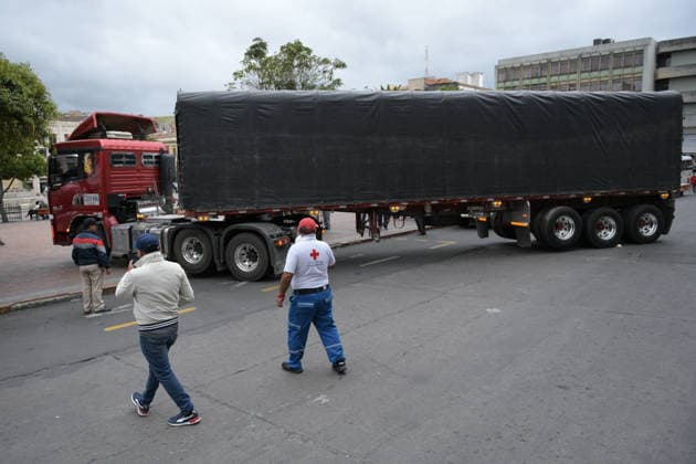 Colombia Earthquake - Donations Humanitarian aid is loaded onto trucks in Pasto, Narino, Colombia, on August 14, 2026, as approximately 100 metric tons of supplies are dispatched from the city to different parts of the country for communities affected by the 7.4 earthquake that struck Colombia on August 10, 2026. Pasto Narino Colombia Copyright: xCamiloxErassox