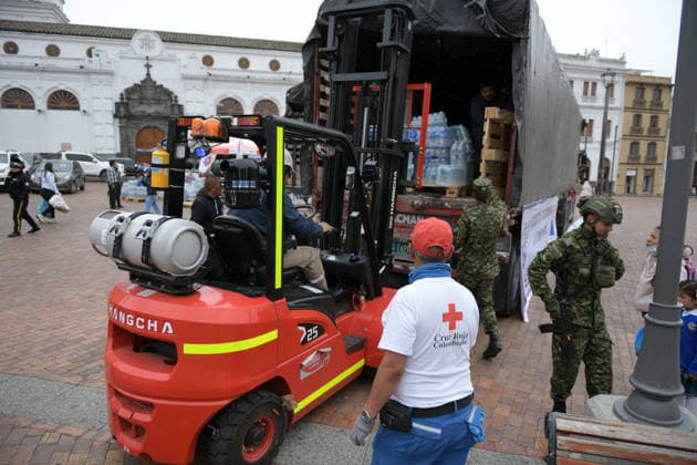 Colombia Earthquake - Donations Humanitarian aid is loaded onto trucks in Pasto, Narino, Colombia, on August 14, 2026, as approximately 100 metric tons of supplies are dispatched from the city to different parts of the country for communities affected by the 7.4 earthquake that struck Colombia on August 10, 2026. Pasto Narino Colombia Copyright: xCamiloxErassox