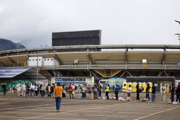 August 14, 2026, Bogota, Bogota D.C, Colombia: People in Bogota, Colombia gather to collect and categorize donations for the victims of the 7,4 earthquake that struck Colombia on August 10 outside El Campin Stadium on August 14, 2026. Bogota Colombia - ZUMAvp1_ 20260814_zia_vp1_027 Copyright: xIsabellaxBobadillax