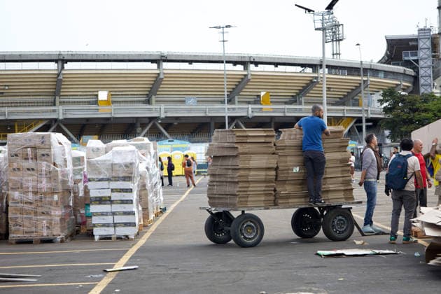 August 14, 2026, Bogota, Bogota D.C, Colombia: People in Bogota, Colombia gather to collect and categorize donations for the victims of the 7,4 earthquake that struck Colombia on August 10 outside El Campin Stadium on August 14, 2026. Bogota Colombia - ZUMAvp1_ 20260814_zia_vp1_029 Copyright: xIsabellaxBobadillax