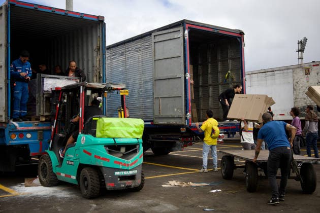 August 14, 2026, Bogota, Bogota D.C, Colombia: People in Bogota, Colombia gather to collect and categorize donations for the victims of the 7,4 earthquake that struck Colombia on August 10 outside El Campin Stadium on August 14, 2026. Bogota Colombia - ZUMAvp1_ 20260814_zia_vp1_030 Copyright: xIsabellaxBobadillax