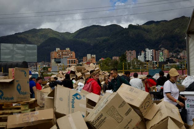August 14, 2026, Bogota, Bogota D.C, Colombia: People in Bogota, Colombia gather to collect and categorize donations for the victims of the 7,4 earthquake that struck Colombia on August 10 outside El Campin Stadium on August 14, 2026. Bogota Colombia - ZUMAvp1_ 20260814_zia_vp1_035 Copyright: xIsabellaxBobadillax