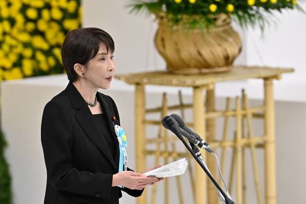 Japan commemorates war dead on 81st anniversary of end of World War II TOKYO, JAPAN - AUGUST 15 : Japanese Prime Minister Sanae Takaichi delivers an address during the National Memorial Service for the War Dead at the Nippon Budokan in Tokyo, Japan, August 15, 2026. David Mareuil Anadolu Tokyo Japan. Editorial use only. Please get in touch for any other usage.  Copyright: x2026xAnadoluxDavidxMareuilx