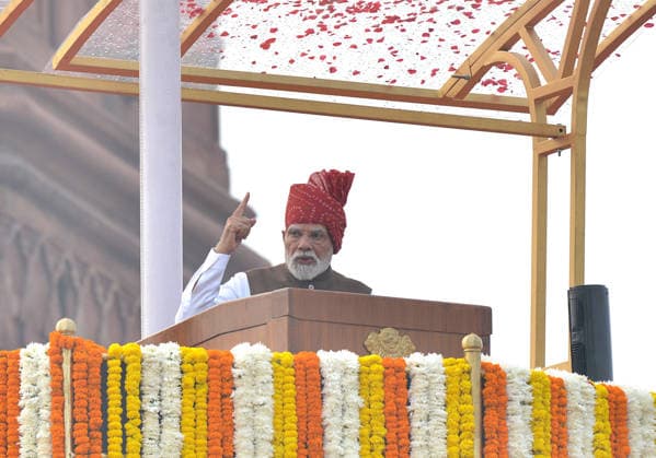Indian Prime Minister Modi addresses nation on India s Independence Day NEW DELHI, INDIA - AUGUST 15: Indian Prime Minister Narendra Modi addresses the nation during Independence Day celebrations at the Red Fort in New Delhi on Saturday India on August 15, 2026. Modi hoisted the national flag at the 17th-century monument and addressed the nation, marking 80 years of Indian independence from British colonial rule since 1947. Imtiyaz Khan Anadolu New delhi India. Editorial use only. Please get in touch for any other usage.  Copyright: x2026xAnadoluxImtiyazxKhanx