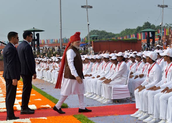 Indian Prime Minister Modi addresses nation on India s Independence Day NEW DELHI, INDIA - AUGUST 15: Indian Prime Minister Narendra Modi (3rd L) greets school children after addressing the nation during Independence Day celebrations at the Red Fort in New Delhi, India, on August 15, 2026. Modi hoisted the national flag at the 17th-century monument and addressed the nation, marking 80 years of Indian independence from British colonial rule since 1947. Imtiyaz Khan Anadolu New delhi India. Editorial use only. Please get in touch for any other usage.  Copyright: x2026xAnadoluxImtiyazxKhanx