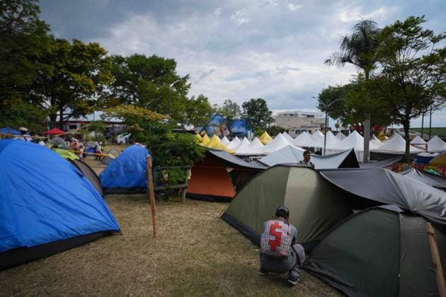 (260815) -- PEREIRA, Aug. 15, 2026 -- This photo taken on Aug. 14, 2026 shows a temporary settlement at a park after an earthquake in Pereira, Colombia. A 7.4-magnitude earthquake jolted western Colombia on Monday. (Photo by Xinhua) COLOMBIA-PEREIRA-EARTHQUAKE-AFTERMATH AndresxMoreno 