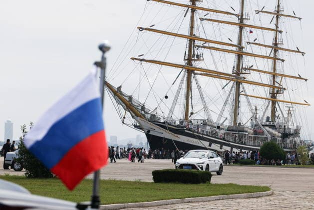NORTH KOREA, WONSAN - AUGUST 15, 2026: The Russian training tallship Pallada, is seen during a ceremony marking its arrival. The ship arrived in the Democratic People s Republic of Korea on a friendly visit for festivities marking the 81st anniversary of the liberation of Korea from Japanese occupation, on 15 August. Stanislav Varivoda TASS  96176754