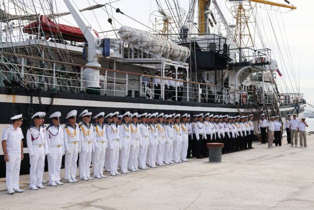 NORTH KOREA, WONSAN - AUGUST 15, 2026: Crew members are seen during a ceremony marking the arrival of the Russian training tallship Pallada. The ship arrived in the Democratic People s Republic of Korea on a friendly visit for festivities marking the 81st anniversary of the liberation of Korea from Japanese occupation, on 15 August. Stanislav Varivoda TASS  96176752