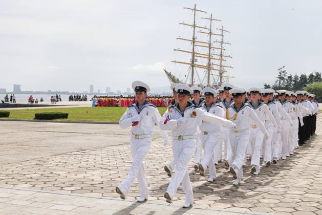 NORTH KOREA, WONSAN - AUGUST 15, 2026: Crew members are seen during a ceremony marking the arrival of the Russian training tallship Pallada. The ship arrived in the Democratic People s Republic of Korea on a friendly visit for festivities marking the 81st anniversary of the liberation of Korea from Japanese occupation, on 15 August. Stanislav Varivoda TASS  96176930