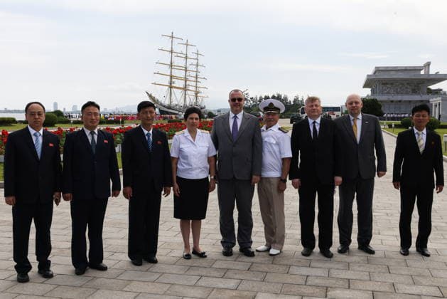 NORTH KOREA, WONSAN - AUGUST 15, 2026: The Rector of the Far Eastern State Technical Fisheries University, Tatyana Zhuk, interim Charge d Affaires at the Embassy of Russia in the DPRK, Vladimir Topekha, and the Pallada s Captain Nikolai Zorchenko (L-R centre) are seen during a ceremony marking the arrival of the Russian training tallship Pallada. The ship arrived in the Democratic People s Republic of Korea on a friendly visit for festivities marking the 81st anniversary of the liberation of Korea from Japanese occupation, on 15 August. Stanislav Varivoda TASS  96177003