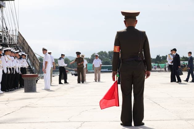 NORTH KOREA, WONSAN - AUGUST 15, 2026: A ceremony marks the arrival of the Russian training tallship Pallada. The ship arrived in the Democratic People s Republic of Korea on a friendly visit for festivities marking the 81st anniversary of the liberation of Korea from Japanese occupation, on 15 August. Stanislav Varivoda TASS  96176929