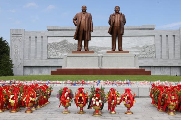 NORTH KOREA, WONSAN - AUGUST 15, 2026: A wreath laying ceremony at the Wonsan Bronze Statues of Kim Il Sung and Kim Jong Il held after the arrival of the Russian training tallship Pallada. The ship arrived in the Democratic People s Republic of Korea on a friendly visit for festivities marking the 81st anniversary of the liberation of Korea from Japanese occupation, on 15 August. Stanislav Varivoda TASS  96177056