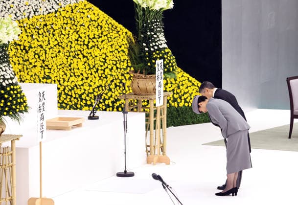 August 15, 2026, Tokyo, Japan - Japanese Prime Minister Sanae Takaichi (R) walks for a speech at the memorial service for the war dead at the Nippon Budokan hall in Tokyo on Saturday, August 15, 2026, while Emperor Naruhito (L) and Empress Masako (2nd L) look on. Japan marked the 81st anniversary of its surrender of World War II. (photo by Yoshio Tsunoda AFLO)  aflo_341018792