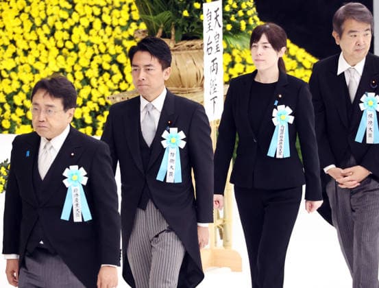 August 15, 2026, Tokyo, Japan - (L-R) Japanese Economy, Trade and Industry Minister Ryosei Akazawa, Defense Minister Shinjiro Koizumi, Economic Security Minister Kimi Onoda and Environment Minister Hirotaka Ishihara attend the memorial service for the war dead at the Nippon Budokan hall in Tokyo on Saturday, August 15, 2026. Koizumi and Onoda visited the controversial Yasukuni shrine before they attended the memorial service. (photo by Yoshio Tsunoda AFLO)  aflo_341018856