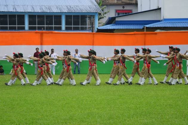 (260815) -- ASSAM, Aug. 15, 2026 -- Members of National Cadet Corps (NCC) take part in a parade during India s Independence Day celebrations in Nagaon district of India s northeastern state of Assam, Aug. 15, 2026. (Str Xinhua) INDIA-ASSAM-INDEPENDENCE DAY CELEBRATIONS JavedxDar 