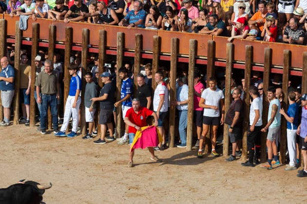 August 15, 2026, Penafiel, Valladolid, USA: Villagers coax the bull during the Capea Suelta de Novillos at the Fiestas de Nuestra Senora y San Roque in Penafiel, Spain on Saturday, August 15, 2026. The event allows amateurs to spend time with the younger bulls in the ring before the commencement of the formal bullfights later in the day. The annual festival, taking place this year on August 14-18, includes traditional processions, bullfighting and lively celebrations. Penafiel USA - ZUMAg235 20260815_zap_g235_006 Copyright: xPaulxChristianxGordonx