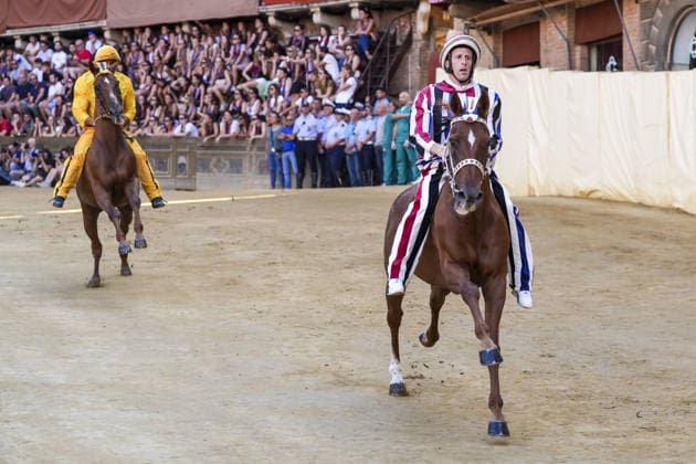 Costumed rehearsal the day before the August 2026 Palio di Siena Siena, Piazza del Campo August 15, 2026. The morning trial took place earlier today, featuring jockeys wearing the colors of the ten *Contrade* that will participate in the race on August 16. Siena Piazza Del Campo Toscana ITALIA Copyright: xSALVATORExDExROSAxSalvatorexDexRosax DSC01044