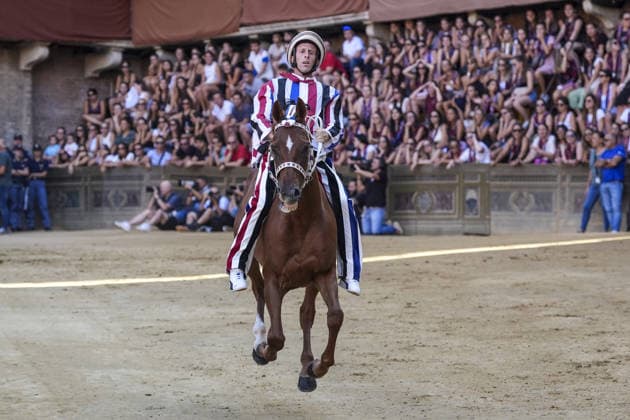 Costumed rehearsal the day before the August 2026 Palio di Siena Siena, Piazza del Campo August 15, 2026. The morning trial took place earlier today, featuring jockeys wearing the colors of the ten *Contrade* that will participate in the race on August 16. Siena Piazza Del Campo Toscana ITALIA Copyright: xSALVATORExDExROSAxSalvatorexDexRosax DSC01100