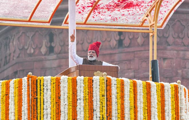 80th Independence Day Celebrations at Red Fort New Delhi, Aug 15 (ANI): Prime Minister Narendra Modi delivers a speech during the 80th Independence Day celebrations at the Red Fort, in New Delhi on Saturday. NEW DELHI Delhi India Copyright: xANIx ANI_20260815188