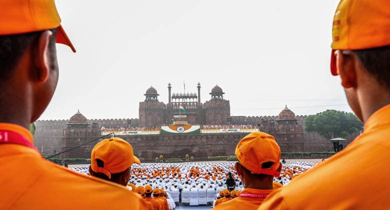 80th Independence Day celebrations at Red Fort New Delhi, Aug 15 (ANI): School students and NCC cadets gather at the Red Fort for the 80th Independence Day celebrations, in New Delhi on Saturday. (DPR PMO ANI Photo) New Delhi Delhi India Copyright: xANIx ANI_20260815209