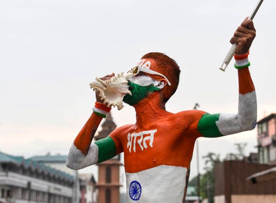 80th Independence Day Celebrations in J&K s Srinagar Srinagar, Aug 15 (ANI): A man painted in the tricolour theme blows a conch shell on the occasion of 80th Independence Day at Lal Chowk, in Srinagar on Saturday. Srinagar Jammu & Kashmir India Copyright: xANIx ANI_20260815225