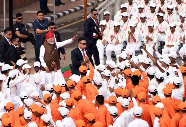 80th Independence Day celebrations at Red Fort New Delhi, Aug 15 (ANI): Prime Minister Narendra Modi greets NCC cadets and students during the 80th Independence Day celebrations, at Red Fort in New Delhi on Saturday. NEW DELHI Delhi India Copyright: xANIx ANI_20260815239