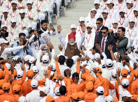 80th Independence Day celebrations at Red Fort New Delhi, Aug 15 (ANI): Prime Minister Narendra Modi greets NCC cadets and students during the 80th Independence Day celebrations, at Red Fort in New Delhi on Saturday. NEW DELHI Delhi India Copyright: xANIx ANI_20260815240