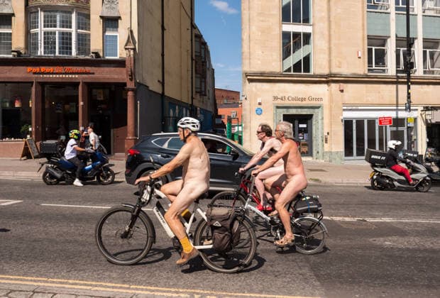 August 15, 2026, Bristol, Bristol, UK: Bristol, UK. NOTE: images contain nudity. The Bristol World Naked Bike Ride takes place around the city in warm sunny weather after the recent heatwave. Naked bike rides are a protest demonstrating the vulnerability of cyclists, protesting against climate change, championing greener transport and protesting against oil dependency, fossil fuels and other forms of non-renewable energy, and celebrating the power and individuality of bodies as body positivity. Bristol UK  - ZUMAl94_ 20260815_zaf_l94_008 Copyright: xSimonxChapmanx