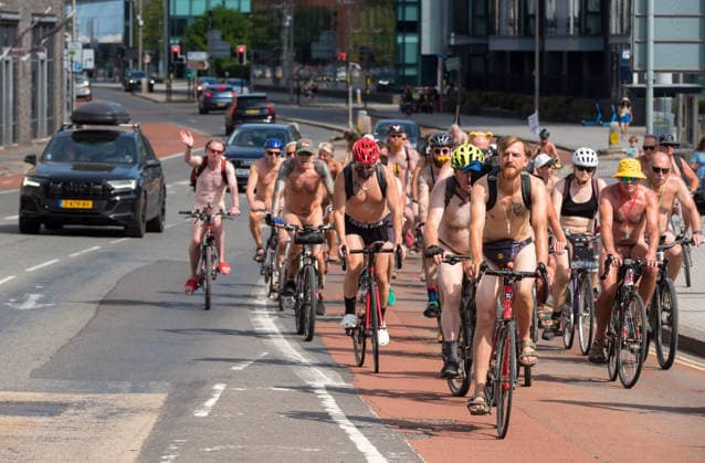 August 15, 2026, Bristol, Bristol, UK: Bristol, UK. NOTE: images contain nudity. The Bristol World Naked Bike Ride takes place around the city in warm sunny weather after the recent heatwave. Naked bike rides are a protest demonstrating the vulnerability of cyclists, protesting against climate change, championing greener transport and protesting against oil dependency, fossil fuels and other forms of non-renewable energy, and celebrating the power and individuality of bodies as body positivity. Bristol UK  - ZUMAl94_ 20260815_zaf_l94_007 Copyright: xSimonxChapmanx