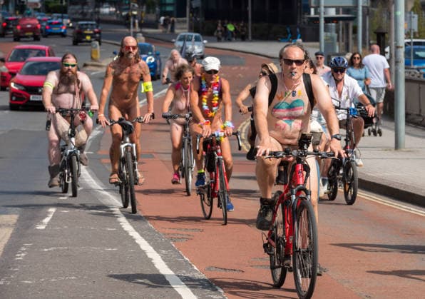 August 15, 2026, Bristol, Bristol, UK: Bristol, UK. NOTE: images contain nudity. The Bristol World Naked Bike Ride takes place around the city in warm sunny weather after the recent heatwave. Naked bike rides are a protest demonstrating the vulnerability of cyclists, protesting against climate change, championing greener transport and protesting against oil dependency, fossil fuels and other forms of non-renewable energy, and celebrating the power and individuality of bodies as body positivity. Bristol UK  - ZUMAl94_ 20260815_zaf_l94_009 Copyright: xSimonxChapmanx