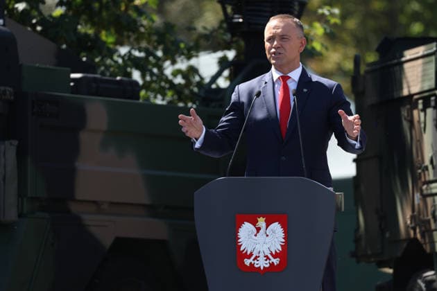 Polish Armed Forces Day Celebrated in Warsaw WARSAW, POLAND - AUGUST 15: Polish President Karol Nawrocki speaks during a military parade on Polish Armed Forces Day in Warsaw, Poland on 15th August, 2026. Every year on 15 August Poland commemorates the Battle of Warsaw, also known as the Miracle on the Vistula. In 1920, the Polish army stopped Soviet troops, preventing their aggression against Europe. Beata Zawrzel Anadolu Warsaw Poland. Editorial use only. Please get in touch for any other usage.  Copyright: x2026xAnadoluxBeataxZawrzelx