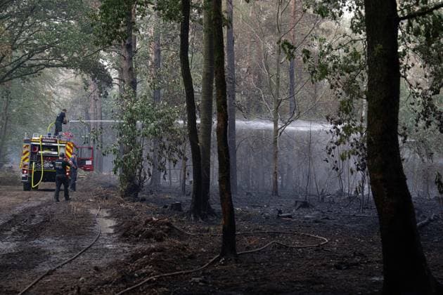 Loescharbeiten der Feuerwehr beim Waldbrand in Huertenwald Feuerwehrleute bei den Loescharbeiten in Gebeiten des Waldbrand in Huertgewald im Kreis Dueren. Die Feuerwehrmaenner und Feuerwehrfrauen loeschen letzte Glutnester am Boden und beweaessern die Flaechen, Huertgenwald, 15.08.2026 Huertgenwald NRW Deutschland *** Firefighters battling a wildfire in Huertgenwald Firefighters at the scene of the wildfire in Huertgenwald in the Düren district. The firefighters are extinguishing the last embers on the ground and watering the area, Huertgenwald, August 15, 2026, Huertgenwald, North Rhine-Westphalia, Germany