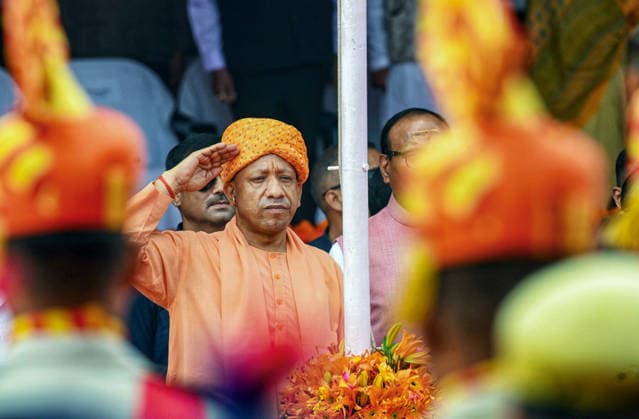 Uttar Pradesh CM Yogi Adityanath salutes after hoisting national flag at Independence Day celebrations in Lucknow Lucknow, Aug 15 (ANI): Uttar Pradesh Chief Minister Yogi Adityanath addresses salutes after hoisting the national flag on the occasion of the 80th Independence Day celebrations at Vidhan Bhawan, in Lucknow on Saturday. Lucknow Uttar Pradesh India Copyright: xANIx ANI_20260815583