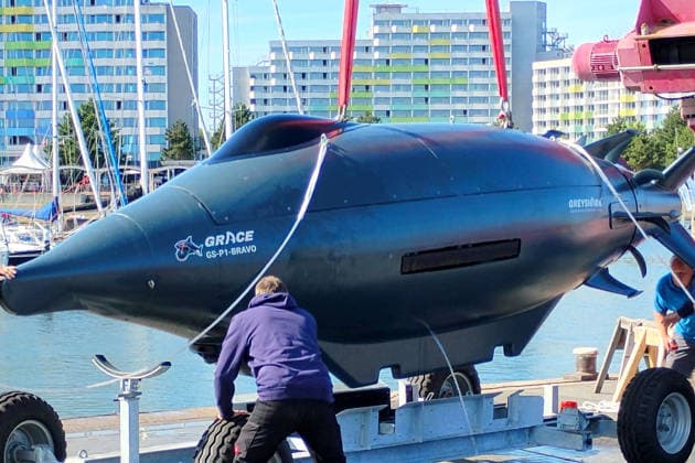 U-Boot submarine autonomous underwater vehicle Grace GS-P1-bravo, im Hafen in Damp an der Ostsee Greysharkk U-Boot submarine *** U-Boat submarine autonomous underwater vehicle Grace GS P1 Bravo, in the harbor at Damp on the Baltic Sea Greysharkk U-Boat submarine 