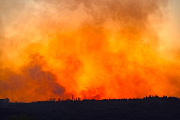 News Bilder des Tages Waldbrand Deutschland NRW 15.08.2026, Germany, Nordrhein- Westfahlen, Hürtgenwald, Düren, Klima , Sommer, Hitze, Brand, Waldbrand Seit 3 Tagen bedroht auf einer Fläche von 7 ha ein immer wieder aufflmmender Waldbrand 6 Gemeinden mit 11 000 Einwohnern, hier das Feuer von Hürtgenwald über dem Horizint, Die Rauchwolken bedecken das komplette Dürener und Zülpicher Becken. Das alles 7 km Luftlinie vom Braunkohle Tagebau Inden. Â Hürtgenwald Nordrhein-Westfahlen Germany *** Forest Fire Germany NRW August 15, 2026, Germany, North Rhine-Westphalia, Hürtgenwald, Düren, Climate, Summer, Heat, Fire, Forest Fire For the past 3 days, a forest fire that keeps flaring up has been threatening 6 municipalities with a total population of 11,000 ac